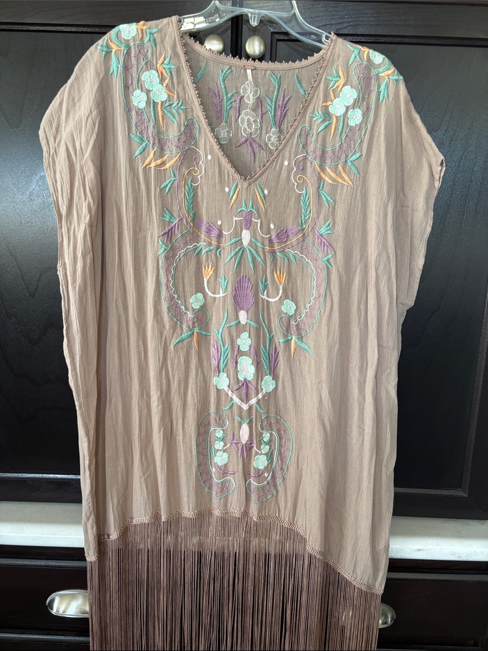 Free People Taupe Embroidered Fringe Tunic with Pastel Accents